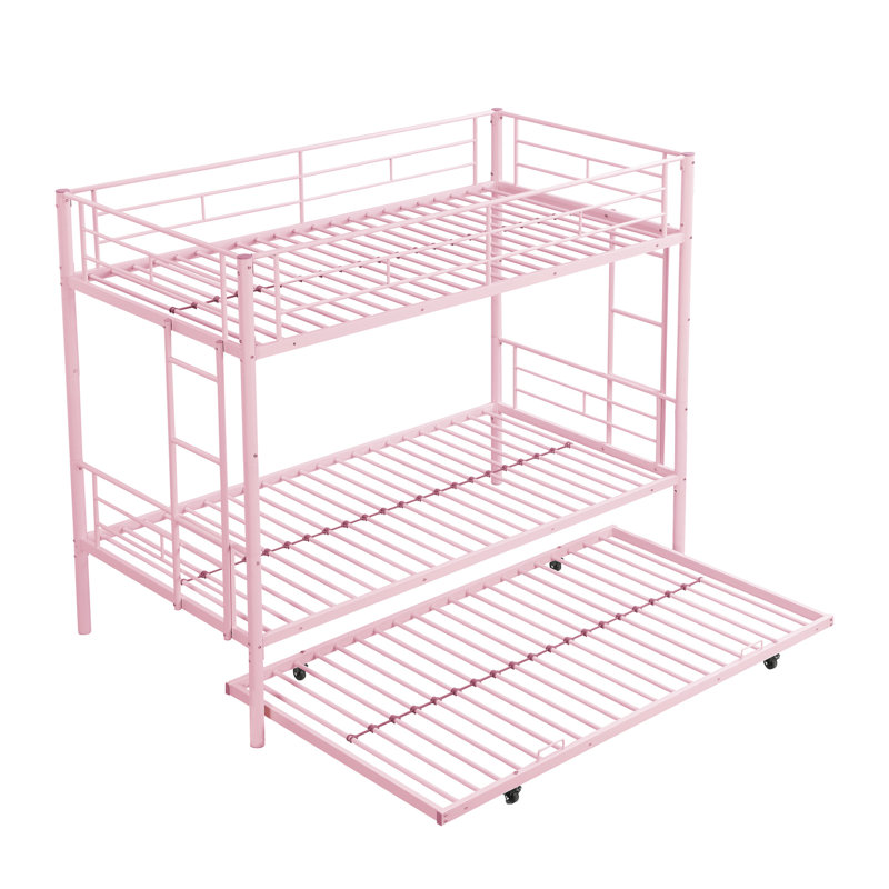 Lit superposé en métal rose avec lit gigogne - chambre à coucher moderne et élégante, solution peu encombrante, cadre pour la longévité, utilisation silencieuse et stable, capacité de bruit élevée, escalier sécuritaire, structure simple sur deux, facile à assembler