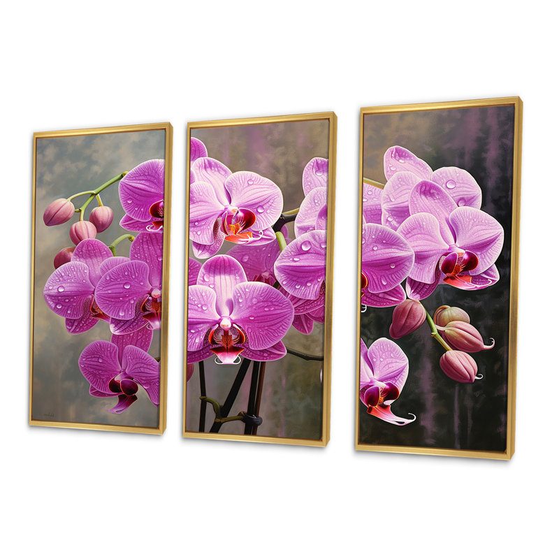 «Pink Orchids Oasis I», ensemble de reproductions d'art mural orchidées, Cadre flottant doré, H 32 po x l 48 po x P 1 po