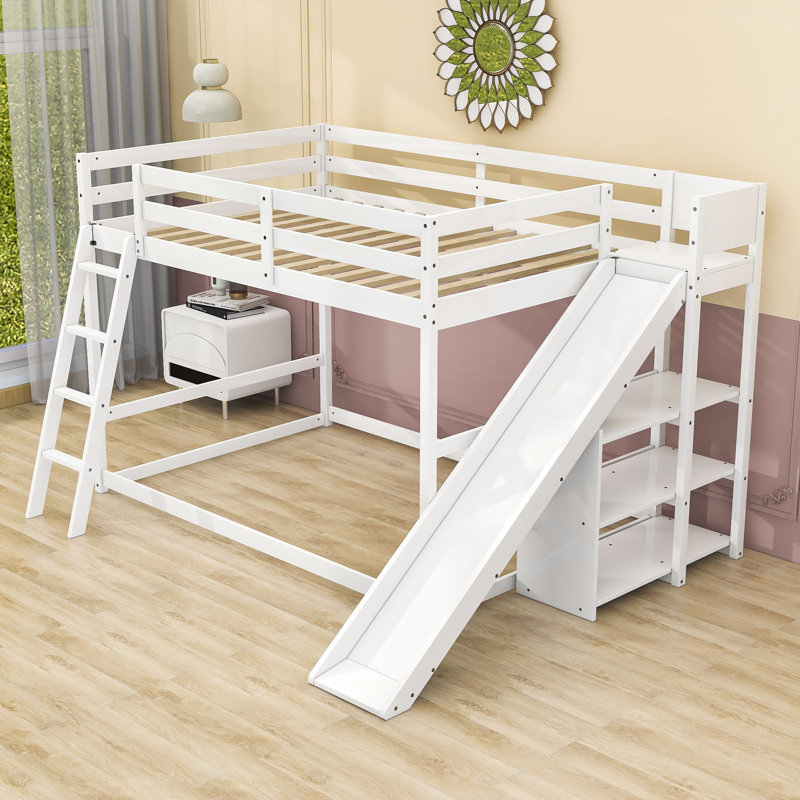 Caloundra Full over Full Wood Bunk Bed with Ladder, Slide and Three Shelves, White