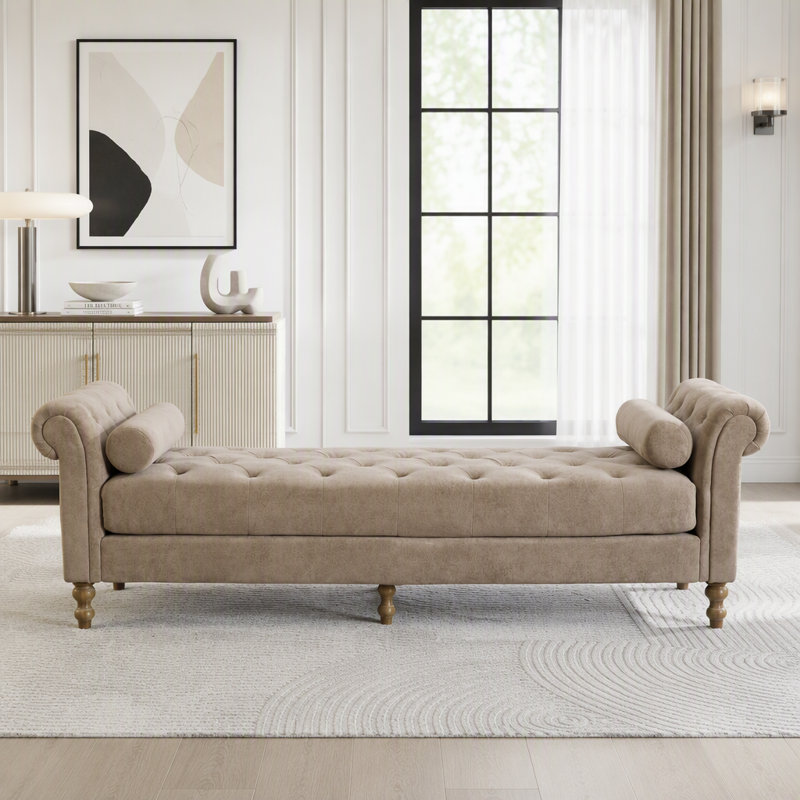 Banc rembourré avec accoudoirs et 2 traversins, Chenille taupe