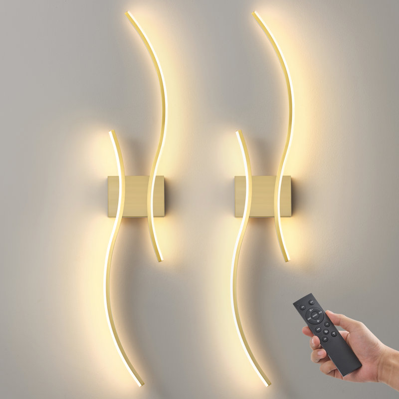 2-Pack Battery Operated Wall Sconces with Remote Control, Non-Hardwired LED Flush Mounted Sconces, Brushed Brass, 31.5 Inch