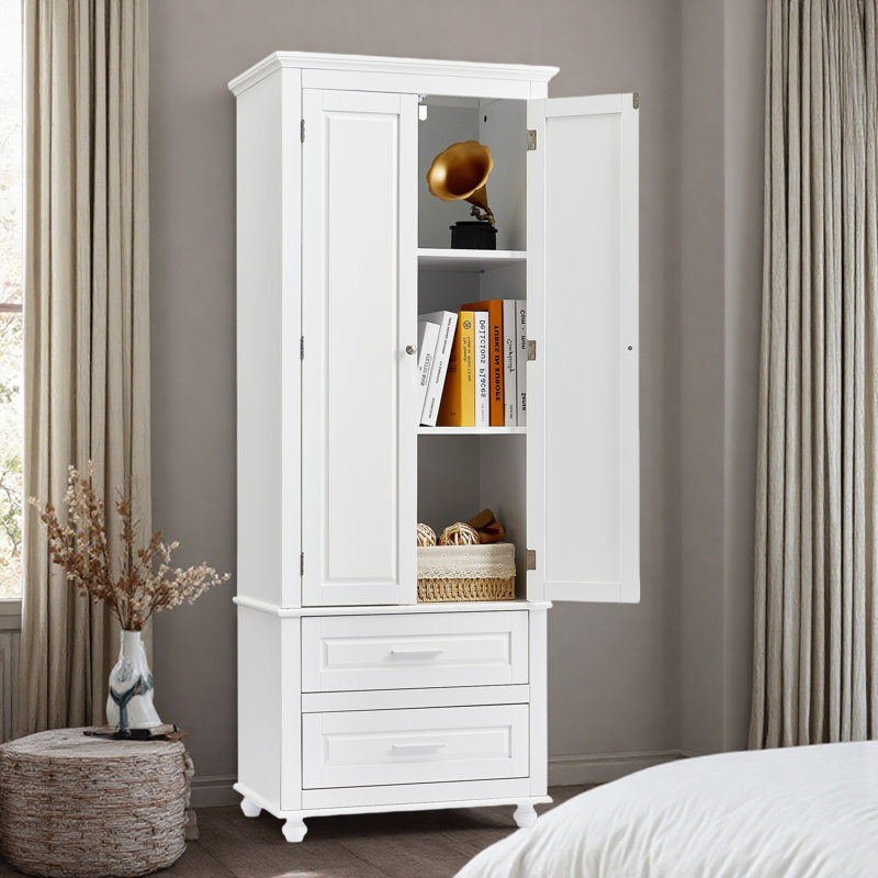 2-drawer Freestanding Linen Cabinet With Adjustable Shelves, White