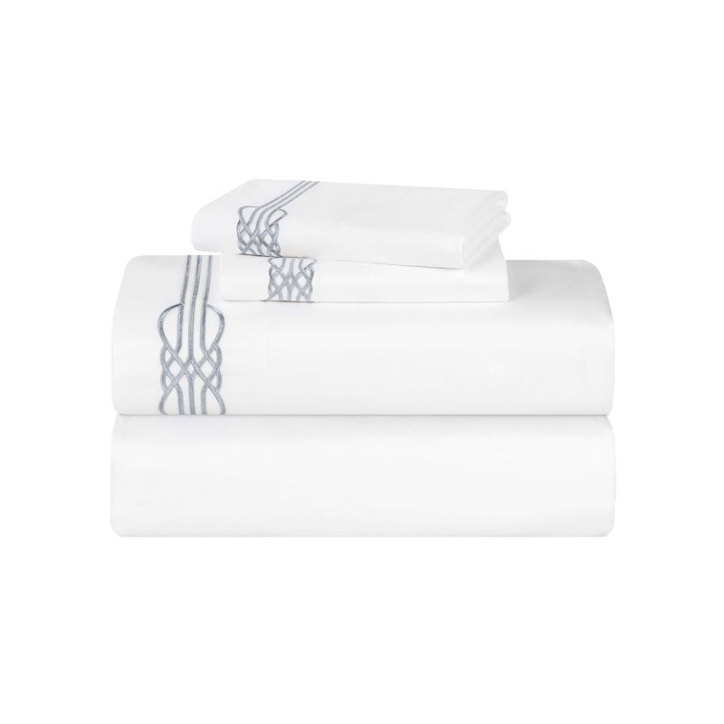 Moonlawn Cotton Gold Embroidered Deep Pocket Bed Sheet Set by Superior, California King Sheet 4Pc Set, White/Silver