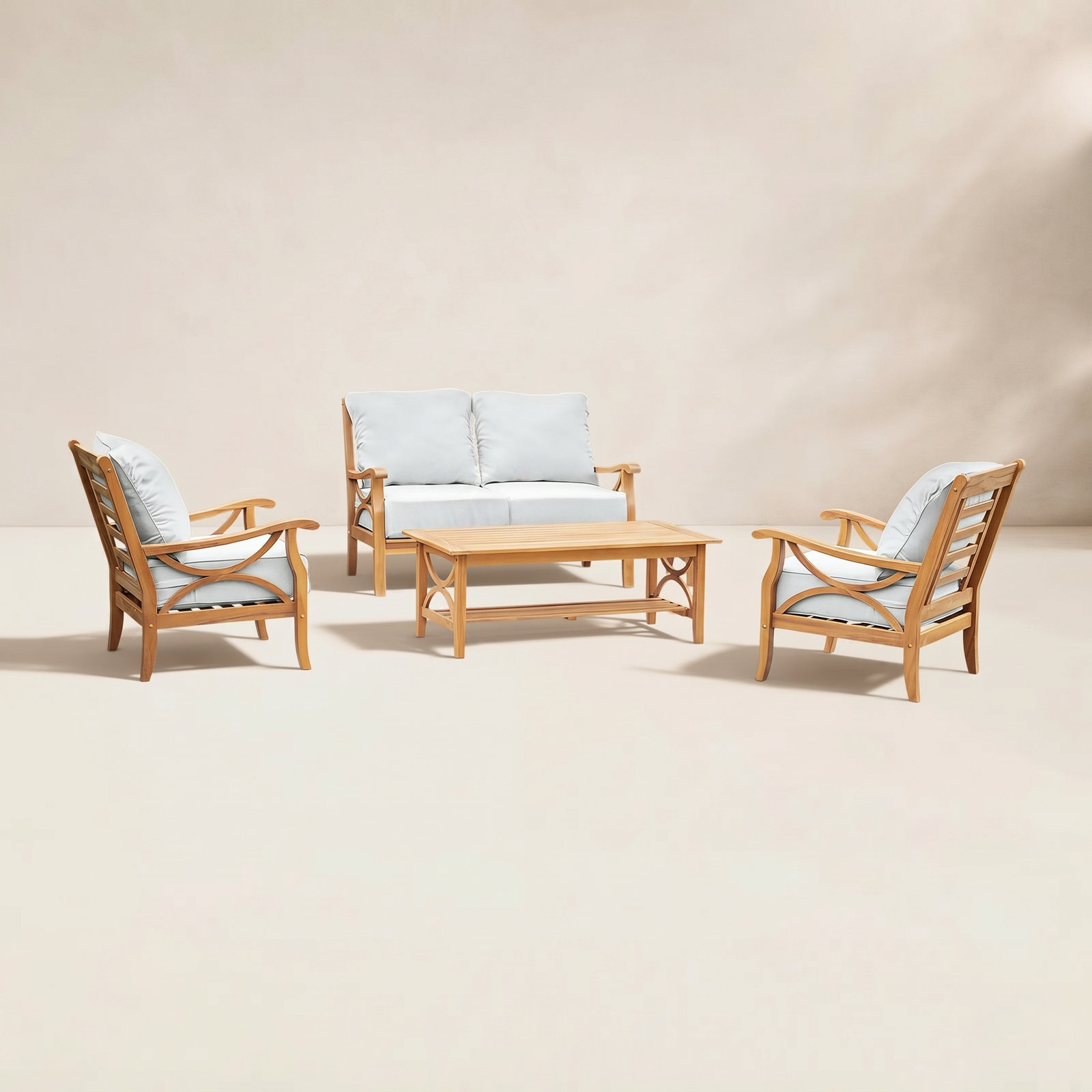 Brunswick 4-Person Teak Outdoor Seating Group With Cushions, Off White