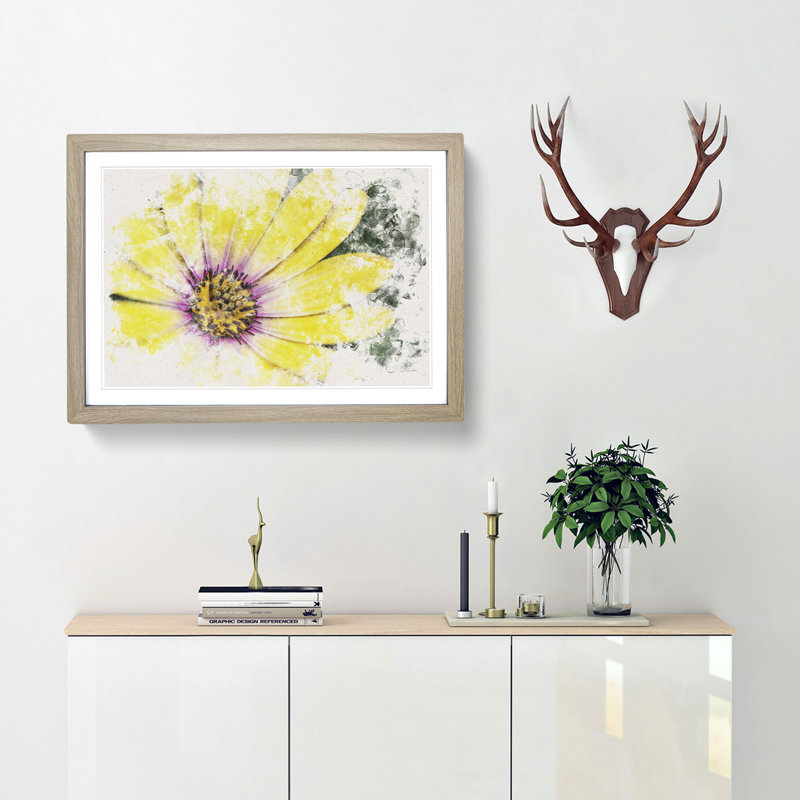 Yellow Gerbera Flower Watercolour - Framed Print, 33cm H x 45cm W x 2cm D, Oak
