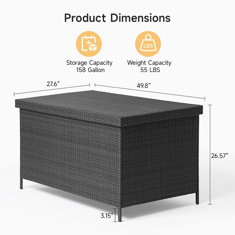 Très grande boîte de rangement extérieure en osier imperméable 158 gallons, Noir