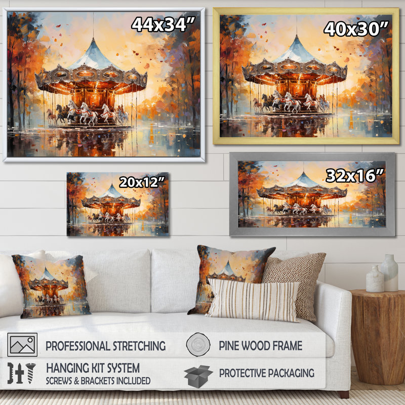 Carousel In Sunset Charm - Carrousel, reproduction sur toile, H 12 po x l 20 po, Cadre flottant noir