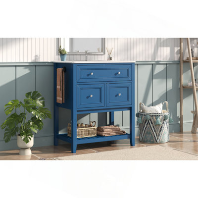 30" Navy Blue Bathroom Vanity with Ceramic Sink – Freestanding Storage Cabinet with Tip-Out Drawer, 2 Drawers & Open Slatted Shelf, Reversible Side Towel Rack, Handles, MDF