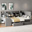 Lit de jour gris simple revêtu de velours doux, avec tiroirs, tablettes, armoires rabattables et table d'appoint - idéal pour les petits appartements-956220105