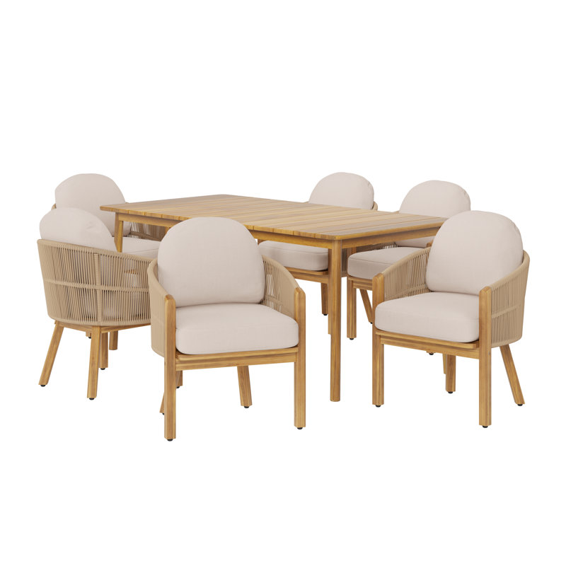 Keeton 7-Piece Modern Coastal Outdoor Dining Set With Acacia Wood Table And Rope-Wrapped Chairs With Cushions