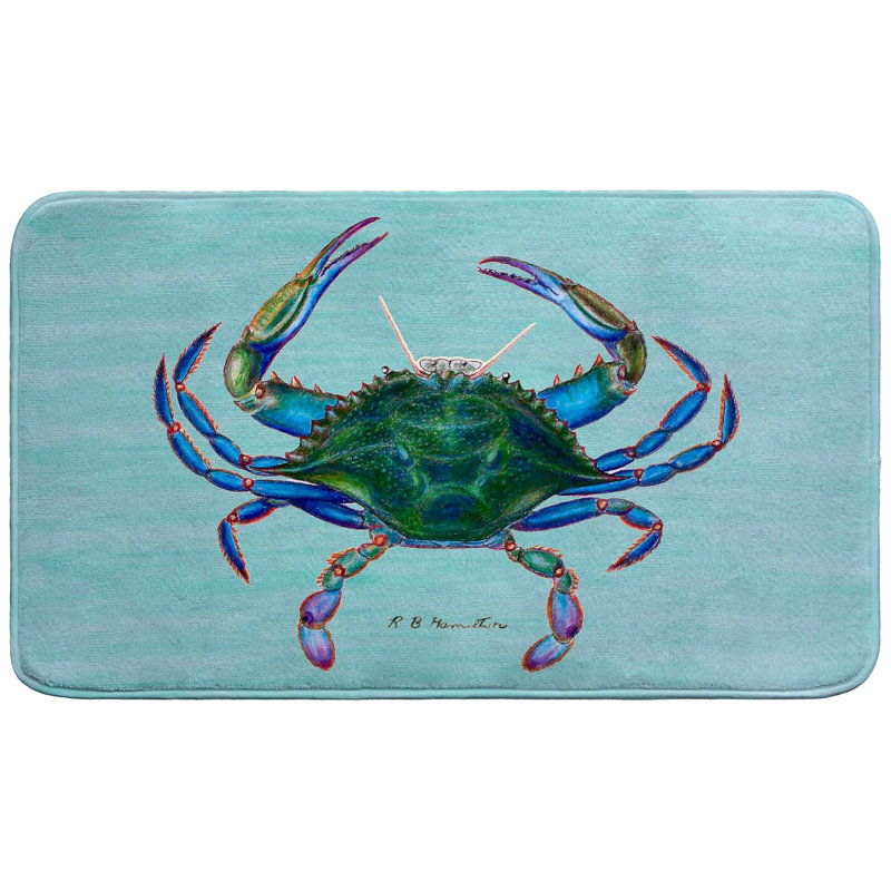 Blue Crab on Teal Bath Mat, 30" L x 18" W, Teal