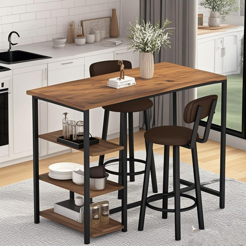 Bar Table Set For 2, 3 Piece Bar Table Set, Bar Table And Chairs Set With PU Upholstery Stool And 3 Open Storage Shelves, Pub Table Set For Kitchen, Brown