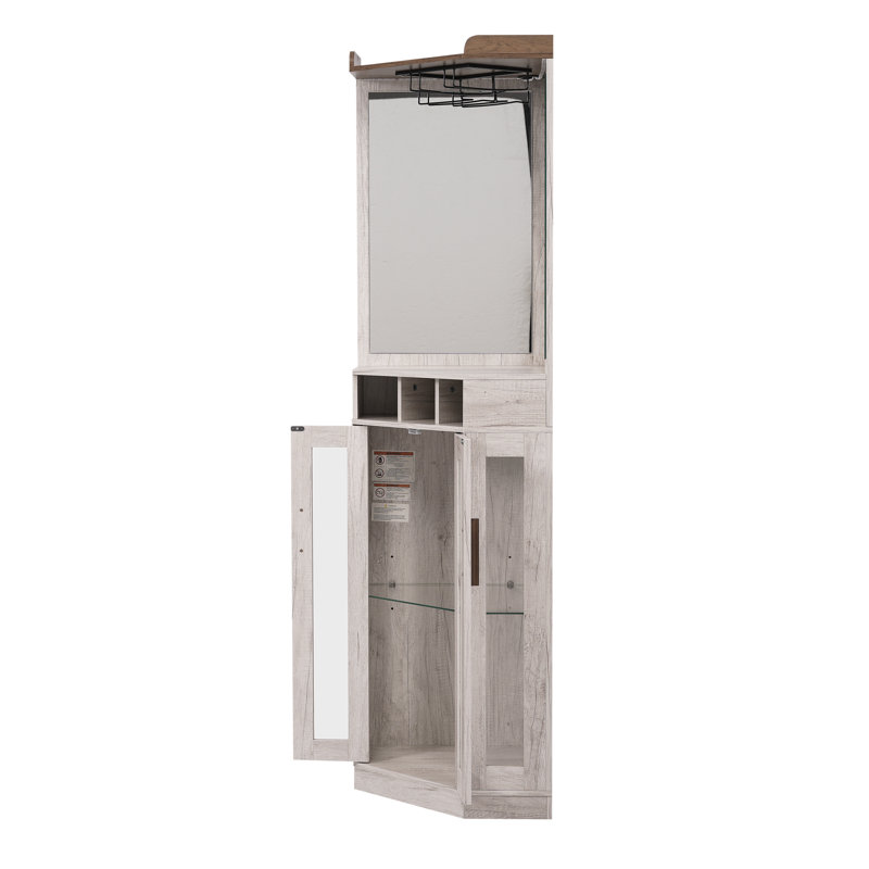 Bar de coin 68 pouces avec éclairage à DEL et portes en verre, Blanc antique