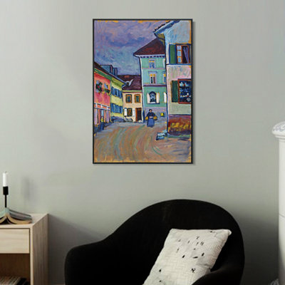 Reproduction d'art encadrée sur toile (Giclée) : « Le haut de la Johannisstrasse » de Wassily Kandinsky. Décoration murale pour salon, bureau ou maison (cadre mince noir, 61 cm x 81 cm).