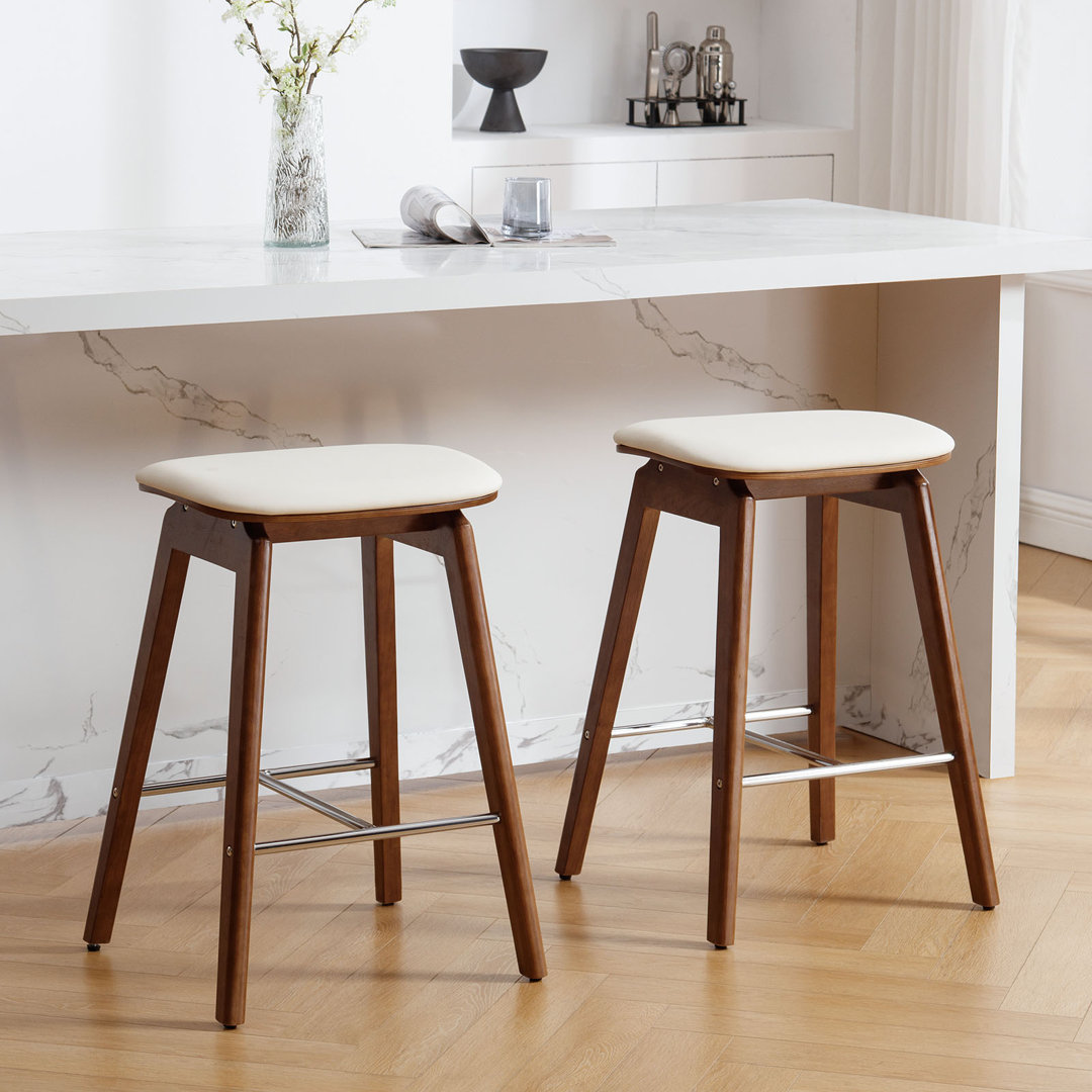 26" Solid Wood Backless Bar Stools, Saddle Counter Height Barstools George Oliver 