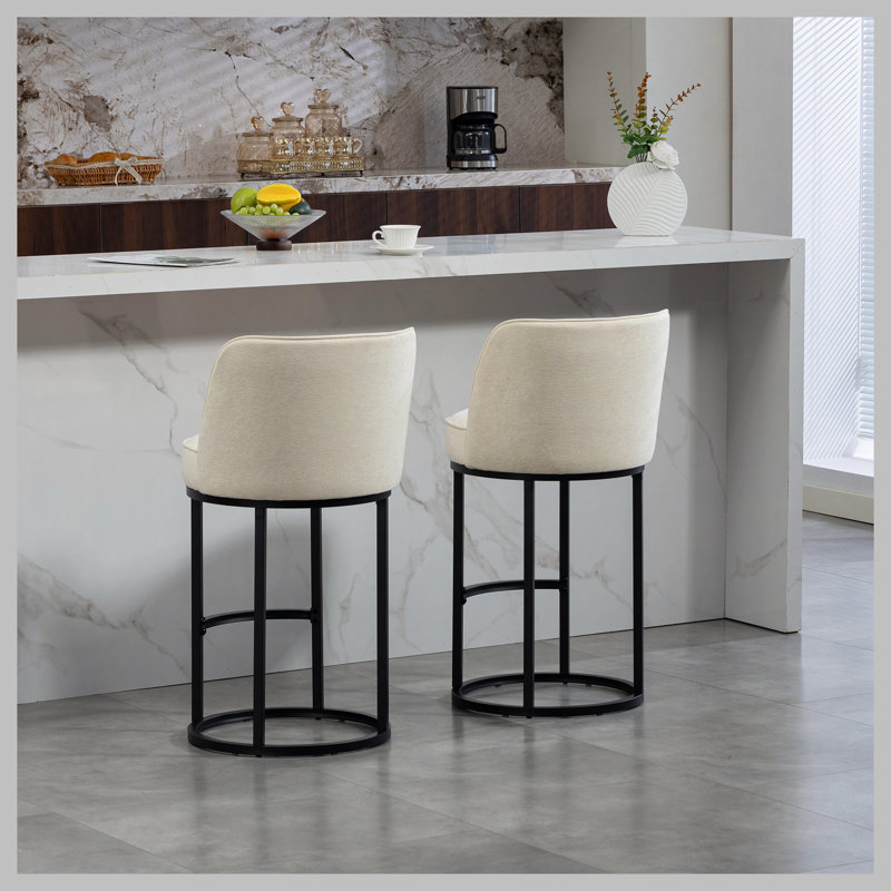 Counter Height Bar Stools Set of 2, Modern Barrel Counter Stools with Backrest, Linen Fabric Upholstered Accent Bar Stools for Kitchen Island
