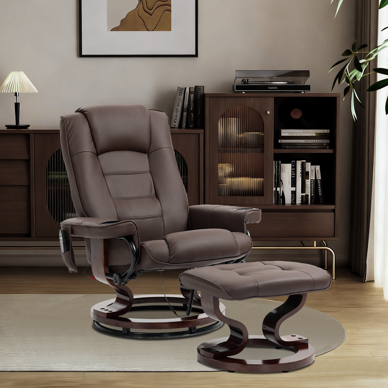 Massage Recliner with Ottoman Swivel Wood Base, Adjustable Recline, Faux Leather Lounge Chair with Footrest for Living Room and Bedroom, Brown