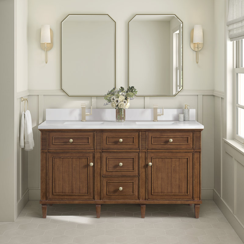 Lorelai 60'' Double Bathroom Vanity with Top, Mid-Century Walnut, White Zeus, Single-Hole