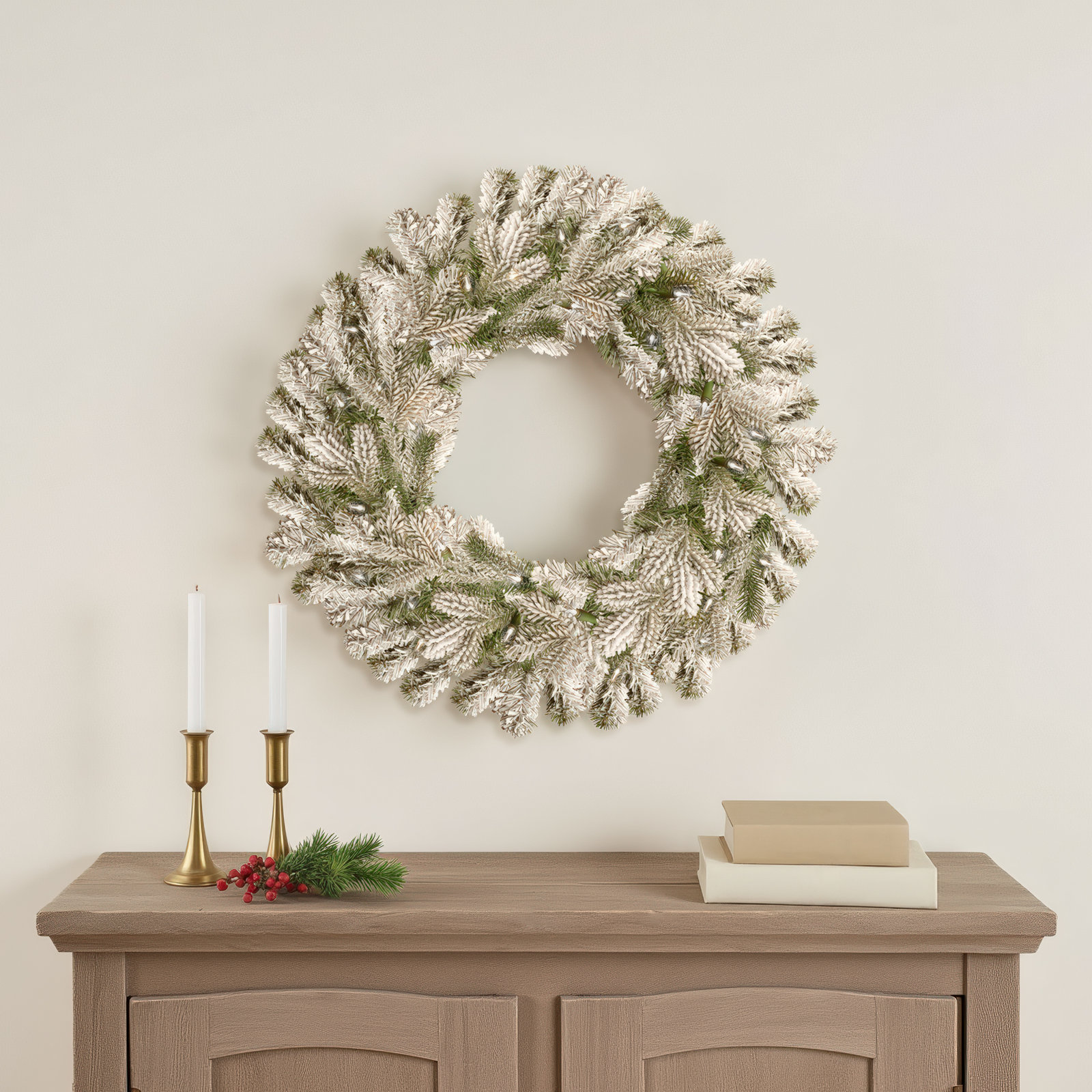 Frosted Pre-Lit Wreath, 24" H x 24" W x 5" D