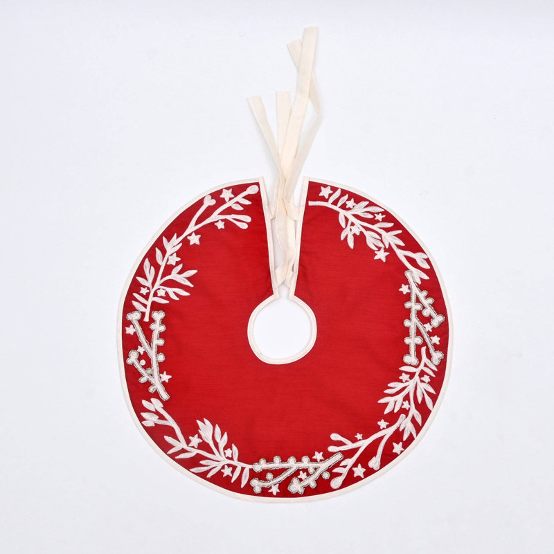 Jupe de sapin de Noël rouge avec perles, 56 cm
