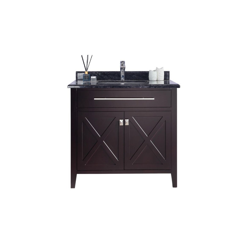 Pyles 36'' Single Bathroom Vanity with Solid Surface Top, Brown, Black Wood