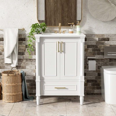 Meuble-lavabo moderne de 24 pouces avec motif orné, charnières à fermeture en douceur, conception d'armoire à ouverture arrière, tablette réglable et lavabo en céramique pour un rangement efficace et une fonctionnalité élégante.