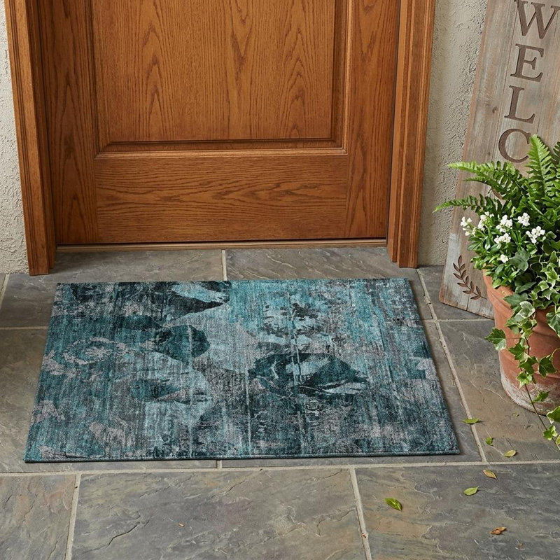 Tapis extérieur lavable antidérapant floral bleu sarcelle et gris 2 pi x 3 pi