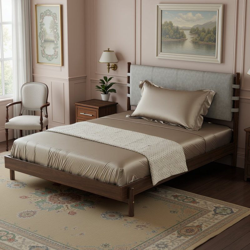 Bed Frame, Solid Wood Platform Bed with Headboard, Gray, Queen