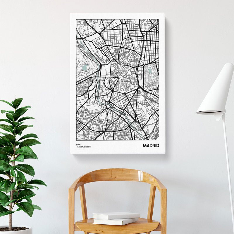 Map Madrid Spain - Wrapped Canvas Print, 91cm H x 60cm W x 3cm D