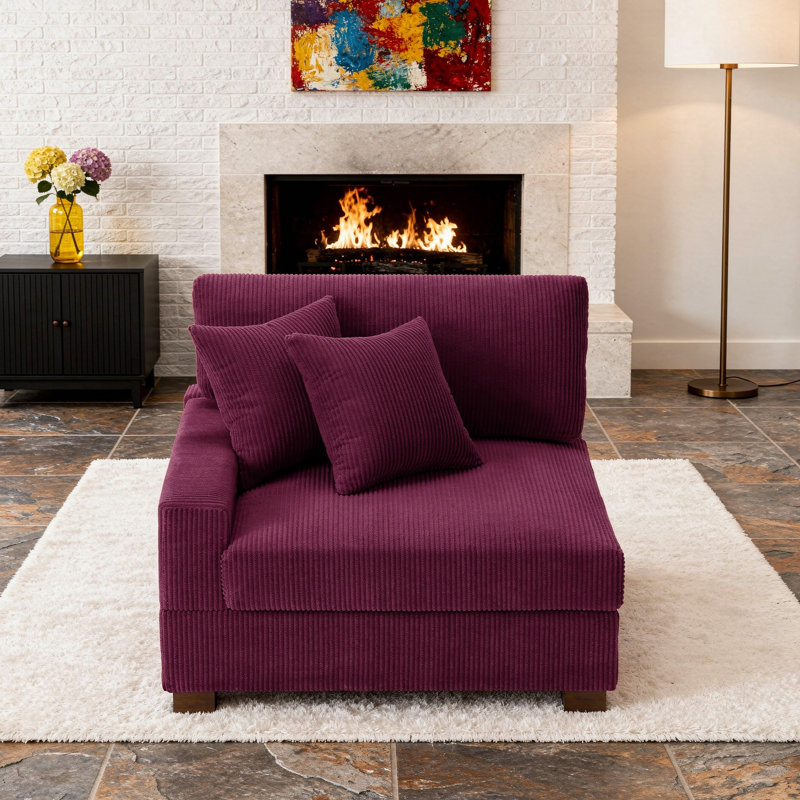 Fauteuil rembourré avec dossier coussiné et pieds en bois massif, Velours côtelé, Mauve