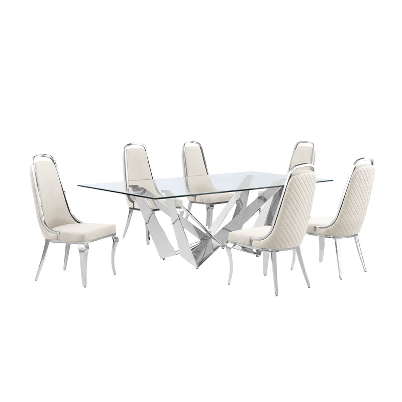 Ensemble de salle à manger rectangulaire L 94 po x l 46 po, 7, Crème / argenté, Argent