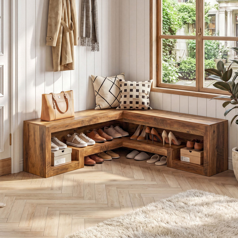 L-Shaped Corner Bench With Storage For Entryway Living Room, 55.1-Inch Wooden Breakfast Nook Bench