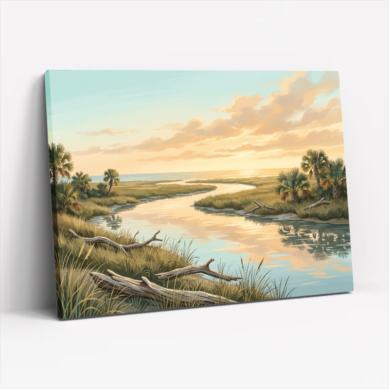 Ensemble de 1 tableau sur toile représentant une rivière au coucher du soleil, 12"H x 18"W, Toile tendue