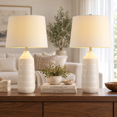 25.5in 3-Way Off‑White Ribbed Ceramic Table Lamps