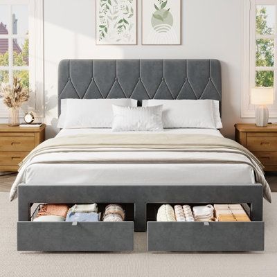 Base de lit plateforme en velours grand avec 2 tiroirs de rangement et tête de lit, gris