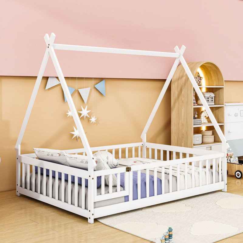 Full Wooden Frame Floor Bed With Door, White