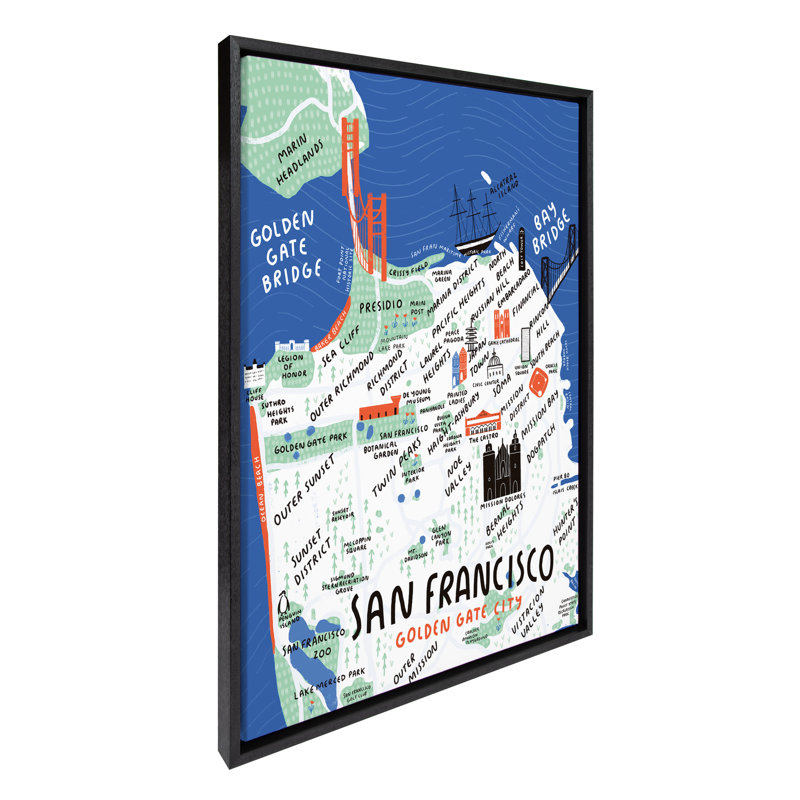 «San Francisco Illustration» par Stacie Bloomfield of Gingiber, reproduction d'art sur toile encadrée, Structure noire
