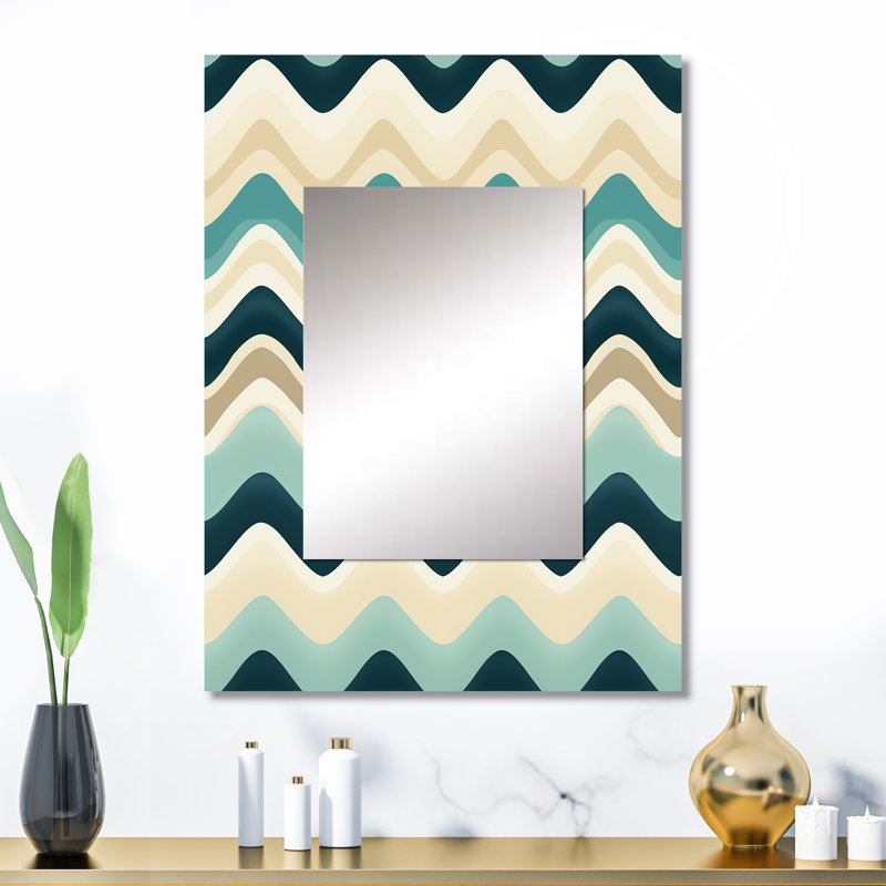 Landrie Beige And Blue Coastal Chevron Serenity - chevron  Large Wall Mirror, Chevron Decorative Mirror, Printed Metal Art
