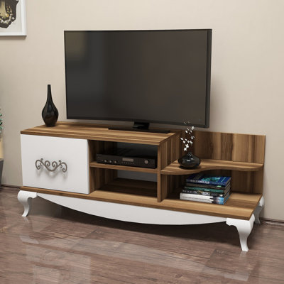 Traditional TV Stand with Wall-Mount Option, Walnut & White, 51.2 x 19.9 x 17.7 inches | 100% Melamine Coated Particle Board, Thickness: 0.7 inches | Multiple Shelves for Storage & Display, Elegant Design