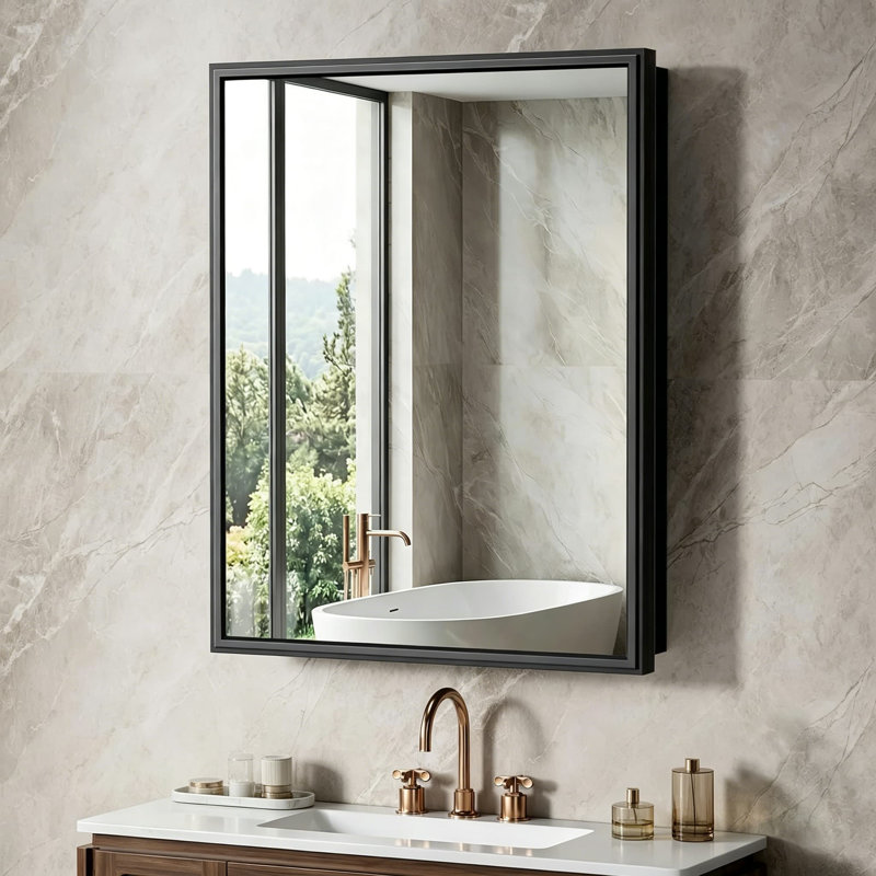 Armoire à pharmacie de salle de bain avec miroir, armoire murale en alliage d'aluminium avec cadre en métal 24 po x 30 po, encastré ou en surface, cadre noir