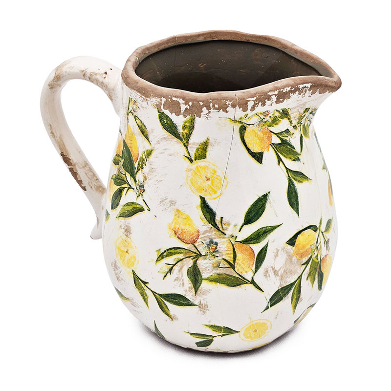Ileah Ceramic Pitcher Vase with Lemon Motif , 7.9" H X 6.5" W X 7.9" D