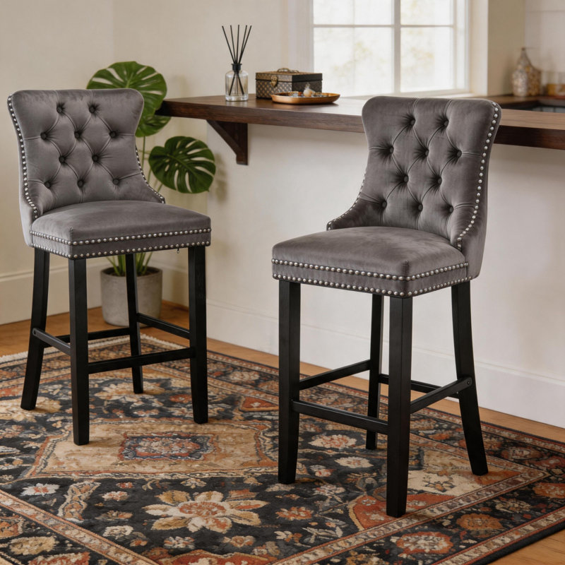  Tabourets de bar à hauteur de comptoir en velours pour îlot de cuisine (ensemble de 2), Gris, Noir
