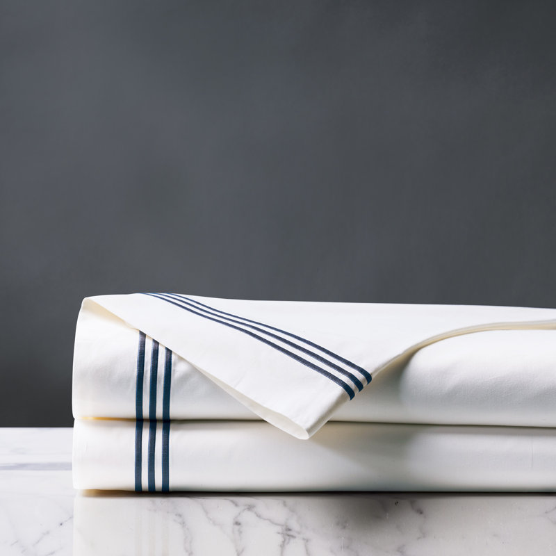 Tessa 100% Cotton Percale Striped Flat Sheet, King Flat Sheet, White/Navy