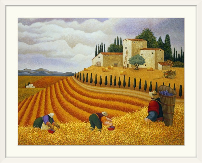 Luton Village Harvest, Lowell Herrero, reproduction d'art, H 20 po x l 24 po x P 1 po, Cadre blanc