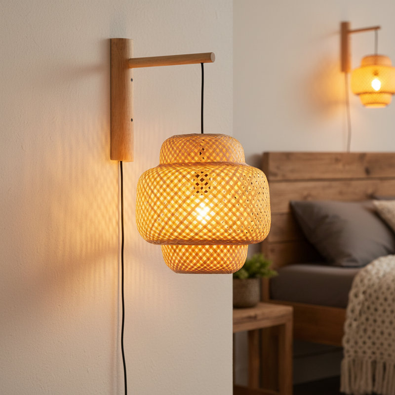 Handwoven Bamboo Rattan Wall Sconce With Solid Wood Base, Boho Farmhouse Wall Mounted Light, E26 Wall Lamp For Bedroom, Living Room Or Kitchen