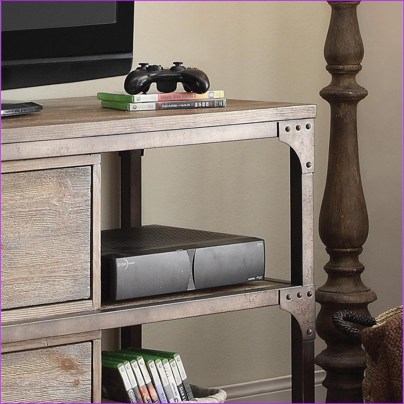Meuble télé, chêne patiné moderne Argent antique avec rangement | 60,5 po de largeur | Chêne + argent | Taille du téléviseur: 50 à 59 pouces