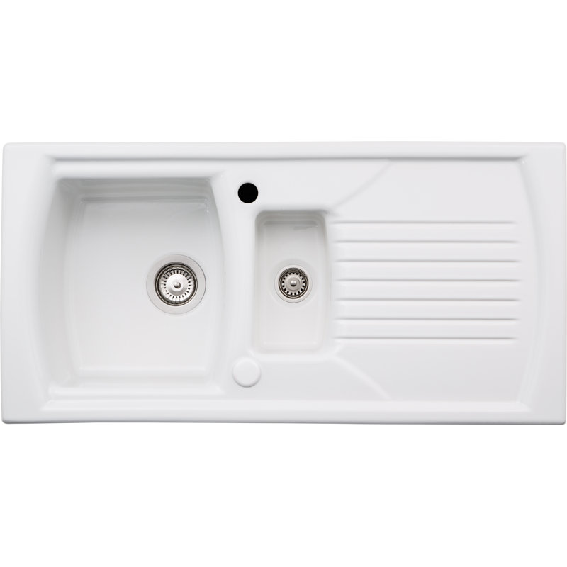 Abode Designs Milford 500mm W Double Bowl Ceramic Drop-In Kitchen Sink with 2 Faucet Holes