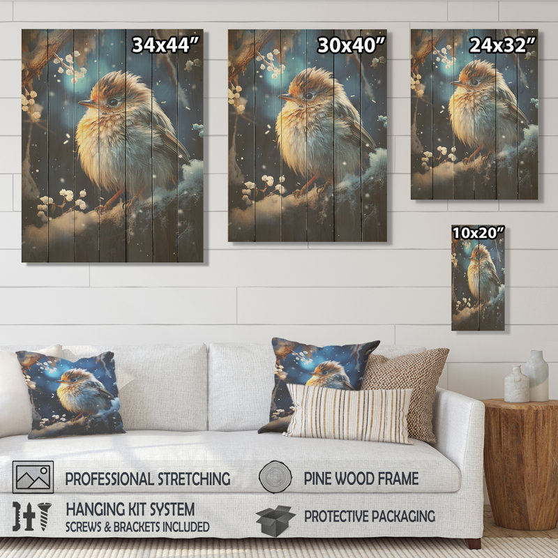 Oiseau bleu en hiver sérénité II - oiseau sur bois, H 40 po x l 30 po