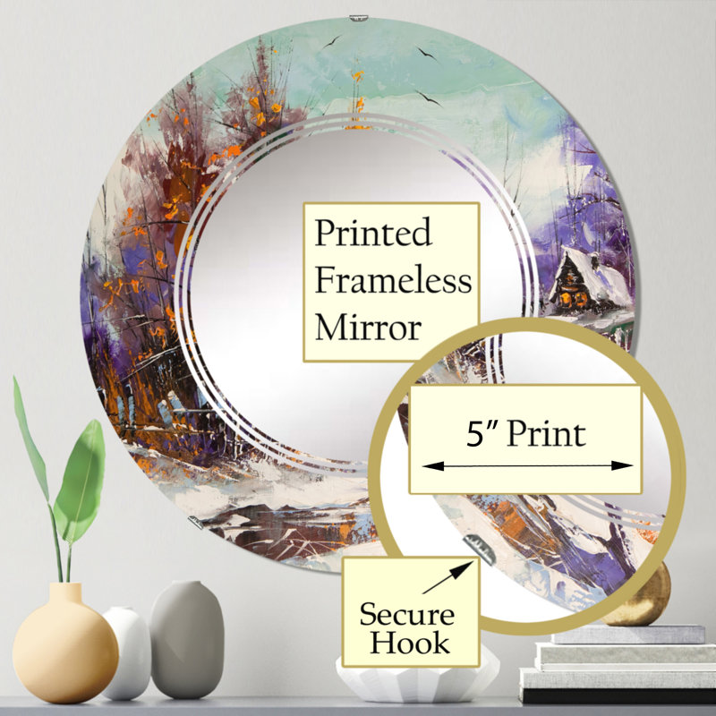 Petite rivière dans un paysage d'hiver champêtre - Miroir mural rond, 24 po x 24 po