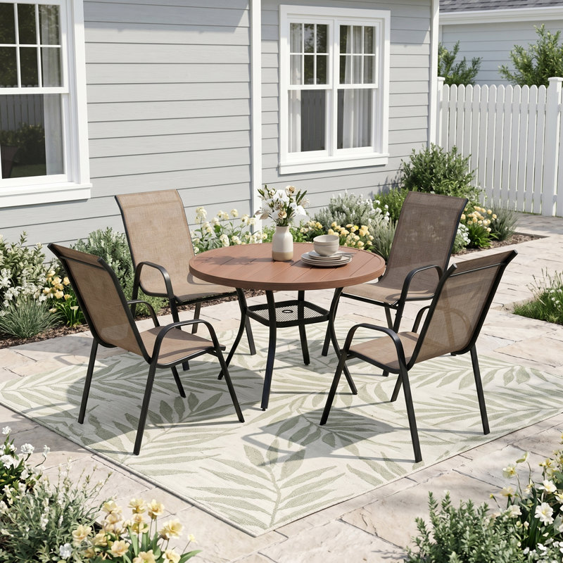 4-Person Round Patio Dining Set With Stackable Textilene Chairs, Brown/Black/Brush Wood Brown